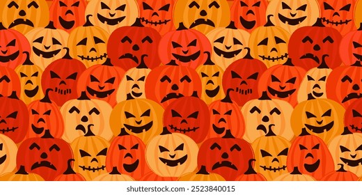 Seamless pattern with abstract silhouettes of pumpkins with scary funny faces. Festive emotions for the autumn holiday. Vector graphics.
