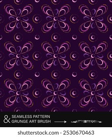 Seamless pattern with abstract simple 4 petal flower, circles. Outline contour geometric shapes in grunge style. Bright paint strokes on dark background.