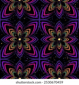 Seamless pattern with abstract simple 8 petal flower. Outline contour geometric shapes in grunge psychedelic style. Bright paint strokes on dark background. Neon colors.