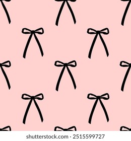 Seamless pattern with abstract simple black ribbons. Vector flat background with bows in retro style. Coquette and ballet core aesthetic