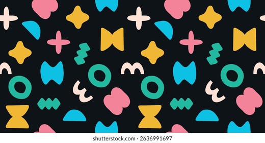 Seamless pattern of abstract simple colorful organic shapes.  Flat illustration pattern vector design. Pink, yellow, white, black, green, and blue. Landscape or horizontal