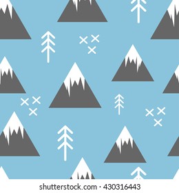 Seamless pattern with abstract simple mountains and fir trees. Baby and child clothing, wallpaper, home decor background