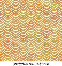 seamless pattern, abstract simple Nature background with japanese wave circle pattern pastel colors orange beige mustard background. Textile print, web page fill. Vector