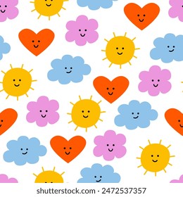 Seamless pattern with abstract simple organic shapes of heart, stars, sun and clouds. Vector flat background with cute characters