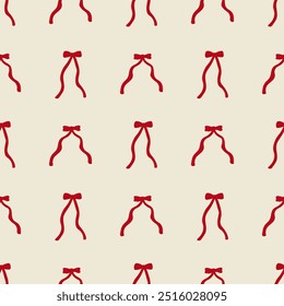 Seamless pattern with abstract simple red ribbons. Vector flat background with small bows in retro style. Coquette and ballet core. Holiday valentines day print