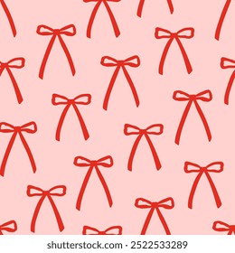 Seamless pattern with abstract simple red ribbons. Vector flat background with bows in retro style. Coquette and ballet core. Holiday, christmas, valentines day clipart