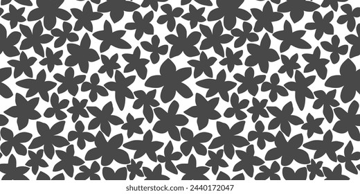 Seamless pattern with abstract simple silhouettes of monochrome flowers. Simple summer contemporary pattern with plant petals. Vector graphics.