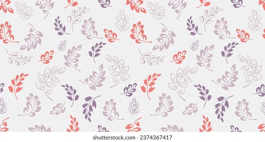 Seamless pattern abstract, simple, tiny branches, leaves on the white background. Vector hand drawn. Template for design, fabric, interior decor, textile, fabric, wallpaper, surface design