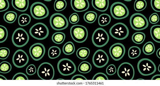 seamless pattern with abstract sliced cucumbers on a black background. fresh green vegetables. Modern design for packaging, paper, fabric. print for clothes and cosmetics