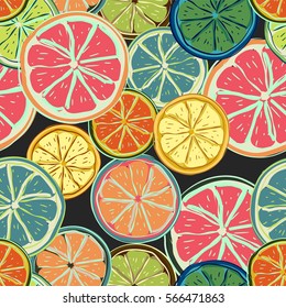 Seamless pattern with abstract slices of citrus fruits, vector illustration.