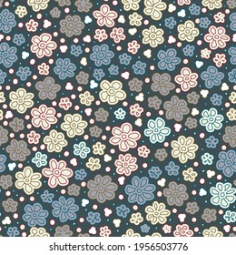 Seamless pattern with abstract small geometric shapes. Stylized ditsy summer daisy ornament. Meadow floral texture on dark background.