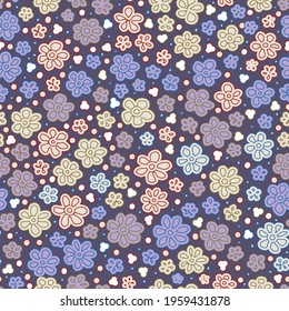 Seamless pattern with abstract small geometric shapes. Stylized ditsy summer daisy ornament. Meadow floral texture on dark background.