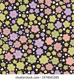 Seamless pattern with abstract small geometric shapes. Stylized ditsy summer daisy ornament. Meadow floral texture on dark background.