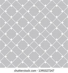 Seamless pattern. Abstract small textured background. Modern stylish texture with small dots. Regularly repeating geometrical ornament with dotted rhombuses, rectangles, cross shapes. Vector design
