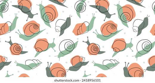 Seamless pattern with abstract snail silhouettes. Animal line art print. Vector graphics.