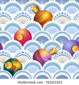 Seamless pattern. Abstract snowdrifts with Christmas tree toys.