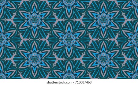Seamless pattern. Abstract snowflakes are located in honeycomb cells. Background for Christmas and New Year.