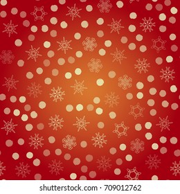 Seamless pattern with abstract snowflakes on red background. Chaotic, random, scattered winter motives. Vector illustration.