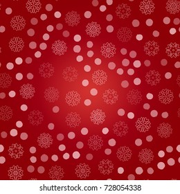 Seamless pattern with abstract snowflakes on red background. Chaotic, random, scattered winter motives. Vector illustration.