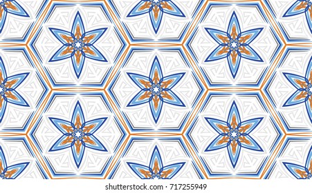 Seamless pattern. Abstract snowflakes. Six-sided figures.