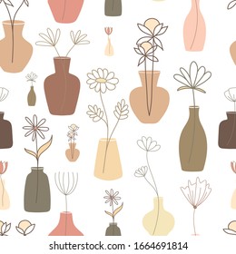 Seamless Pattern with abstract, sophisticated and dry flowers in vases