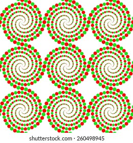 Seamless pattern of abstract spiral designs of dots in Christmas colors, red and green on white. Easily change the 3 colors. 3x3 fill is provided. Vector file is an AI 8 compatible eps file. 
