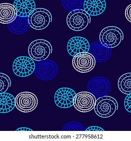 Seamless pattern with abstract spiral elements on dark background. 