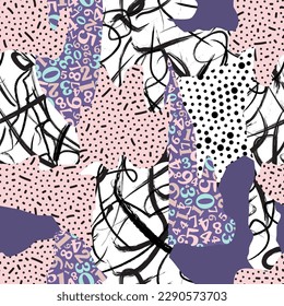 The seamless pattern of abstract spots from different textures is hand-drawn with brush brushes. The lines are black