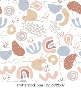 Seamless pattern of abstract spots, lines and dots. Hand drawn organically shaped elements. Pastel and gentle colors, vector illustration.