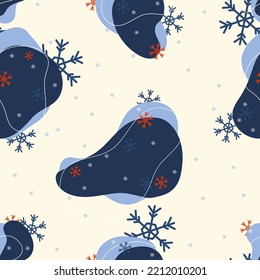 Patrón sin foco con puntos abstractos y copos de nieve. Diseño de estilo plano festivo para embalaje e impresión. Vector.