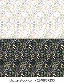 Seamless pattern. Abstract spotty floral organic elements, dot, heart, leaves. Hand drawn doodle flat design, green pink yellow pastel color palette. Transparent background. Vector illustration