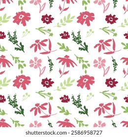 Seamless pattern with abstract spring flowers with branches with leaves in brush stroke texture isolated on white background. Hand drawn vector sketch illustration in vintage charcoal ink style