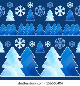 Seamless  pattern with abstract spruces and snowflakes of geometric shapes.Christmas, New Year card. Vector illustration.