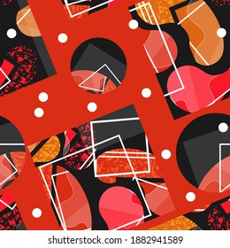 Seamless pattern with abstract square and round elements randomly arranged on an orange background. Vector illustration