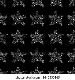 Seamless pattern of abstract starfish isolated on black background. Hand drawn seamless illustration. Outline.