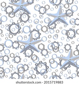 Seamless pattern of abstract starfish, nails, metal gear wheels and hexagon nuts. Metal elements on white background. Steampunk style. Flat cartoon design. Vector illustration.