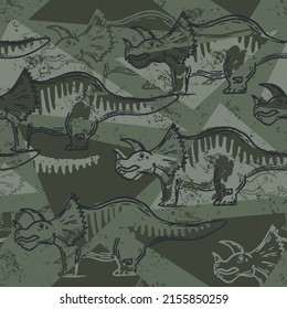 Seamless pattern with abstract stegosaurus and triangle. Background with dino for textile, fabric, kids, boy, wrapping paper, Web, clothes, socks and other design.