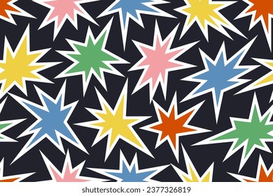 Patrón sin inconvenientes de pegatinas abstractas en forma de estrellas. Brillante caricatura de moda estilo retro de los años 90. Rojo azul rosa amarillo verde sobre fondo oscuro