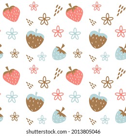 Seamless pattern. Abstract strawberries, chamomile, chia seeds. Suitable for printing on textiles, wrapping paper. Vector illustration.