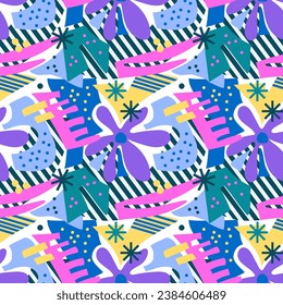 Seamless pattern with abstract stripe elements, geometric and snowflakes.  Blue, Pink, Yellow, blue color.  For the design of fabric, wrapping paper, wallpaper, etc.