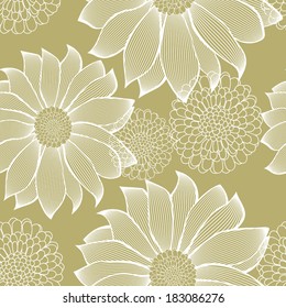 Seamless pattern with abstract striped flowers. Soft colors. Seamless in any directions. Vector is EPS8, all elements are grouped by colors. Drop into your AI swatches and use as fill.
