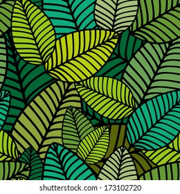 Seamless pattern with abstract striped leafs. Floral ornament for wallpaper or web background. Vector elements are grouped. Drop pattern into your AI swatches and use as fill.