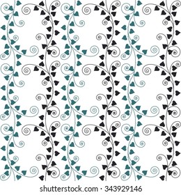 Seamless pattern with abstract striped leaves of ivy plant and spirals.