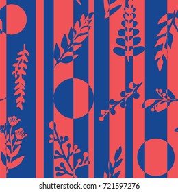 Seamless pattern with abstract stripes, flowers, plants in red and blue colors
