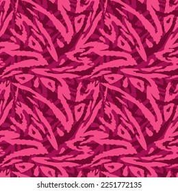 Seamless pattern with abstract stripes like zebra skin. Animal print in a trendy color combination Viva Magenta.Vector illustration.