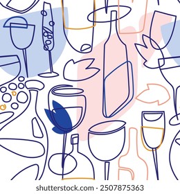 Seamless pattern with abstract style wine bottles and glasses, vector illustration