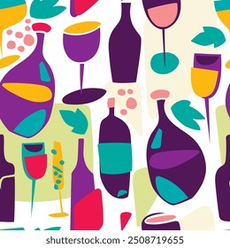 Padrão perfeito com garrafas de vinho de estilo abstrato e copos, ilustração vetorial