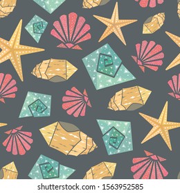 Seamless pattern of abstract styled seashells on a dark background.