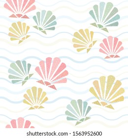 Seamless pattern of abstract styled shells on a wavy lined background