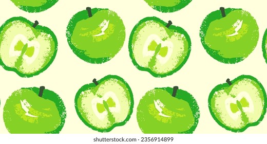 Seamless pattern with abstract, stylized аpple and apple slices. Summer fruits background. Vector hand drawn apple texture print. Template for textile, fashion, print, surface design